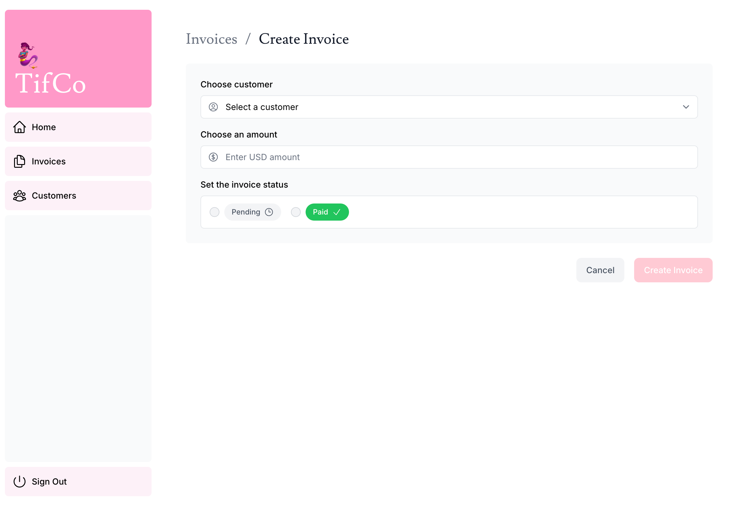 Screenshot of the create/edit invoice page, allowing users to pick the customer, input amount, set status, and create or update/edit an invoice.